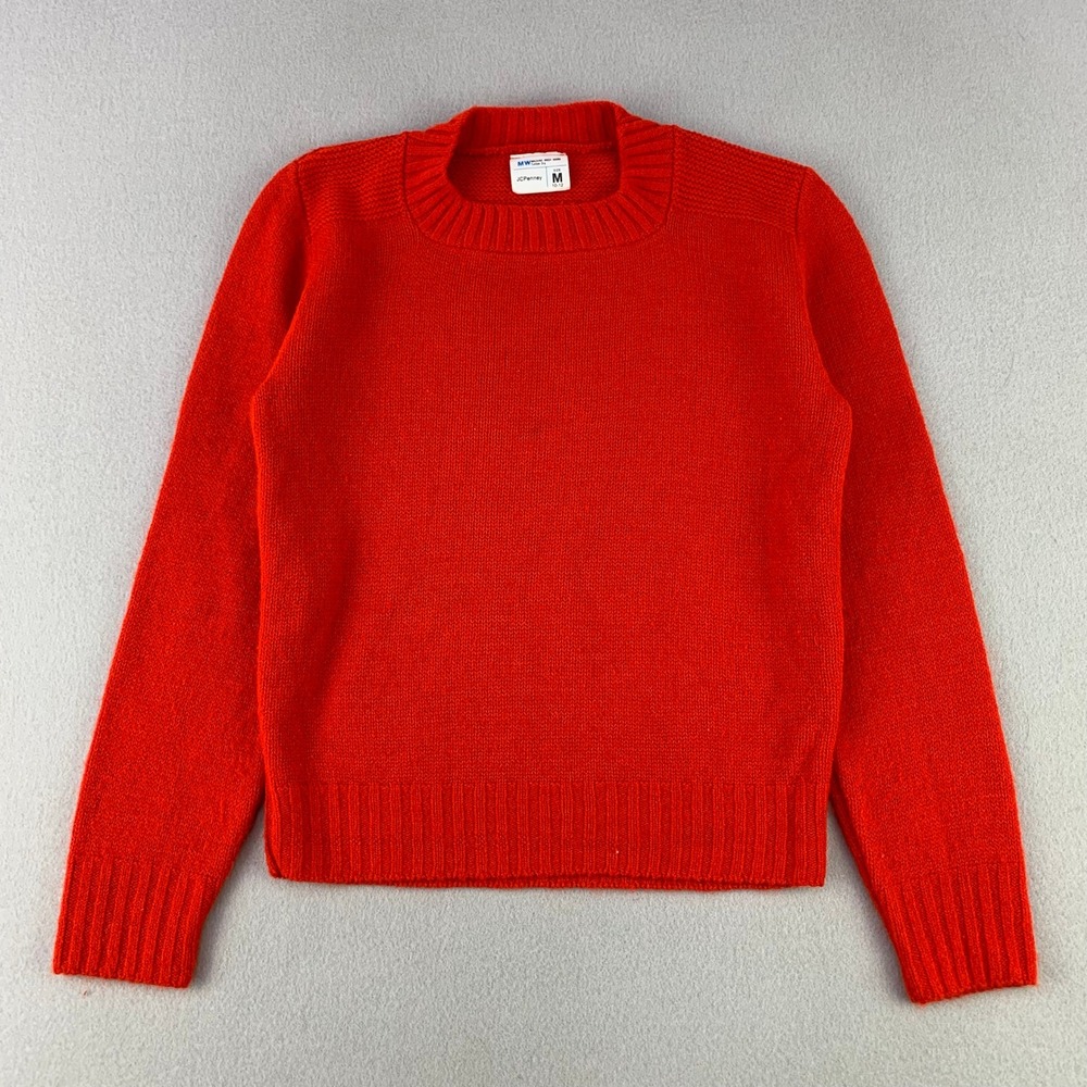 Vintage JCPenney Crewneck Sweater Youth Medium‎ 10-12 Red Solid Knit Long Sleeve